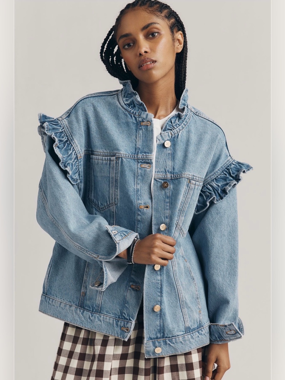 Anthropologie Maeve Denim Ruffle Trucker Jacket NWT
